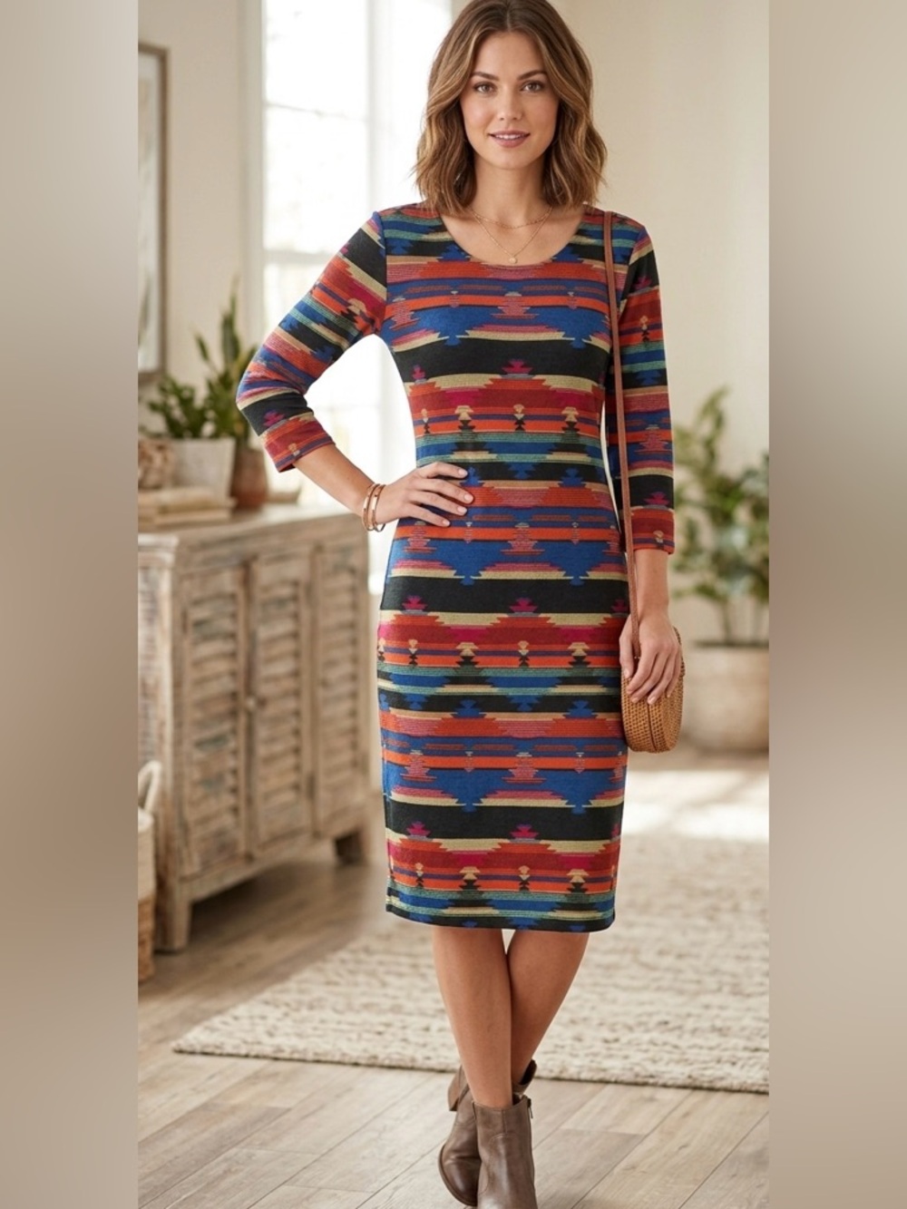 American Rag Multicolor Aztec-Stripe Long Sleeve Dress